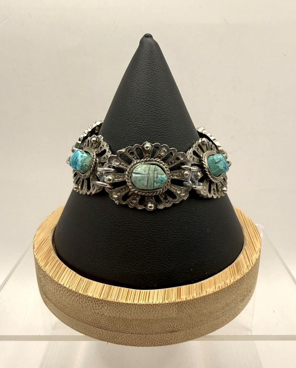 Egyptian Revival Scarab Panel Link Silver Tone Bracelet